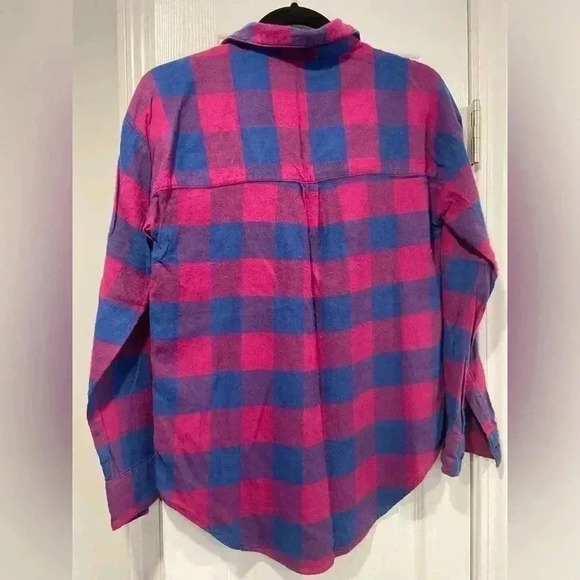 Attention Women’s Electric Hot Pink Blue Plaid Flannel Button Down Size Small - Picture 5 of 6